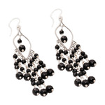 Onyx chandelier earrings, 'Shadow Drops' - Sterling Silver and Onyx Chandelier Earrings from Bali