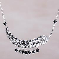 Onyx pendant necklace, 'Dusky Dew' - Sterling Silver and Onyx Leaf Pendant Necklace from Bali