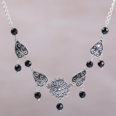 Onyx pendant necklace, 'Leaf Shield' - Sterling Silver and Onyx Leaf Necklace by Bali Artisans