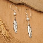 Cultured pearl dangle earrings, 'Light Feathers' - Sterling Silver and Cultured Pearl Balinese Feather Earrings