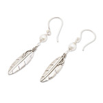 Cultured pearl dangle earrings, 'Light Feathers' - Sterling Silver and Cultured Pearl Balinese Feather Earrings