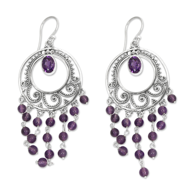 Amethyst chandelier earrings, 'Spiral Halos' - Amethyst Spiral Chandelier Earrings by Bali Artisans