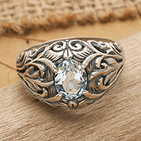 Blue Topaz and Sterling Silver Cocktail Ring from Bali,'Bali Hillside'