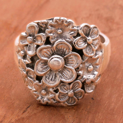 Sterling silver cocktail ring, 'Parade of Jepun' - Sterling Silver Floral Cocktail Ring by Balinese Artisans