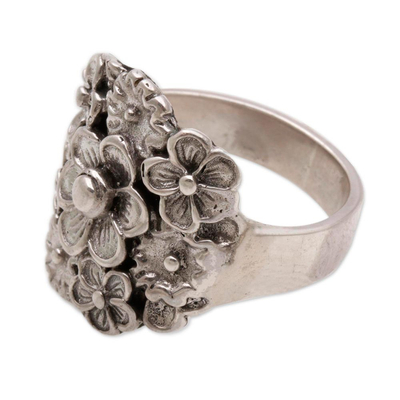 Sterling silver cocktail ring, 'Parade of Jepun' - Sterling Silver Floral Cocktail Ring by Balinese Artisans