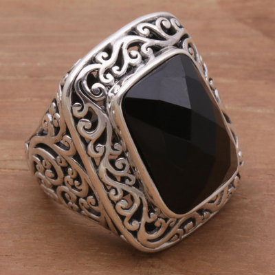 Onyx cocktail ring, 'Spiraling Black' - Onyx and Sterling Silver Cocktail Ring by Balinese Artisans