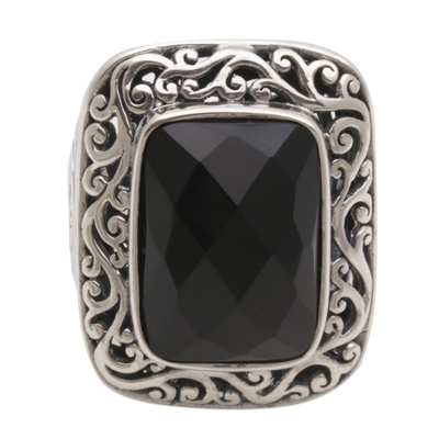 Onyx cocktail ring, 'Spiraling Black' - Onyx and Sterling Silver Cocktail Ring by Balinese Artisans