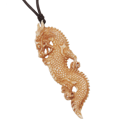 Bone pendant necklace, 'Thorny Dragon' - Bone and Leather Dragon Pendant Necklace from Indonesia