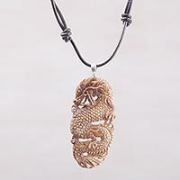 Bone pendant necklace, 'Snarling Dragon'