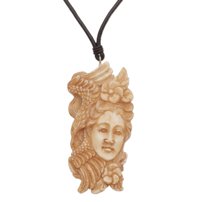 Bone pendant necklace, 'Free Woman' - Bone and Leather Floral Pendant Necklace from Indonesia