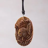 Bone pendant necklace, 'Sea Dweller' - Bone and Leather Sea Life Pendant Necklace from Indonesia