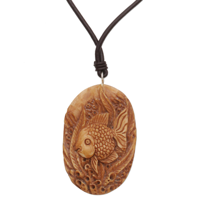 Bone pendant necklace, 'Sea Dweller' - Bone and Leather Sea Life Pendant Necklace from Indonesia