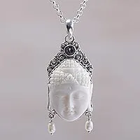 Amethyst and cultured pearl pendant necklace, 'Blessed Buddha' - Amethyst Cultured Pearl and Bone Buddha Pendant Necklace