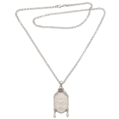 Amethyst Cultured Pearl and Bone Buddha Pendant Necklace