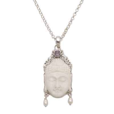 Amethyst and cultured pearl pendant necklace, 'Blessed Buddha' - Amethyst Cultured Pearl and Bone Buddha Pendant Necklace