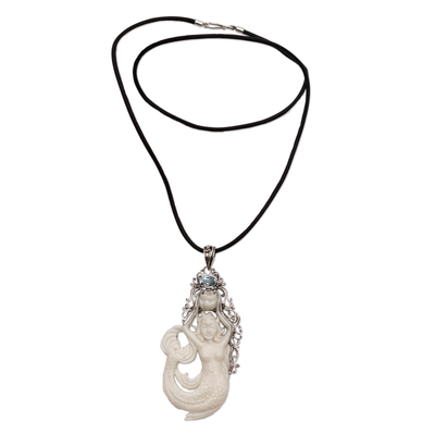 Blue topaz and bone pendant necklace, 'Mermaid Fantasy' - Blue Topaz Sterling Silver and Bone Mermaid Pendant Necklace