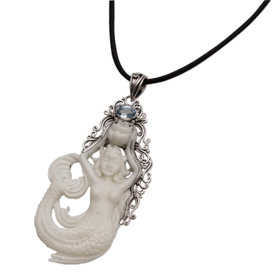 Blue topaz and bone pendant necklace, 'Mermaid Fantasy' - Blue Topaz Sterling Silver and Bone Mermaid Pendant Necklace
