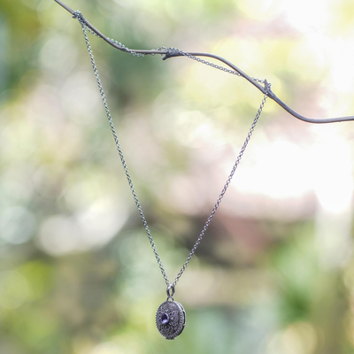 Amethyst locket necklace, 'Floral Secret' - Sterling Silver and Amethyst Locket Necklace