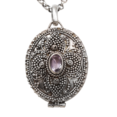 Amethyst locket necklace, 'Floral Secret' - Sterling Silver and Amethyst Locket Necklace