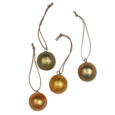 Wood ornaments, 'Golden Baubles' (set of 4) - Four Round Gold Tone Albesia Wood Ornaments from Bali