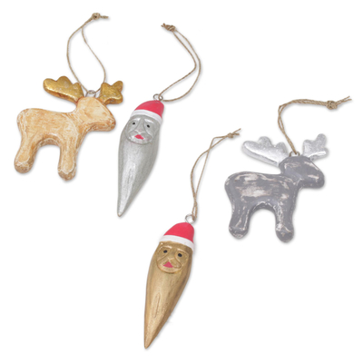 Wood ornaments, 'Santa and Reindeer' (set of 4) - Four Reindeer and Santa Albesia Wood Ornaments from Bali