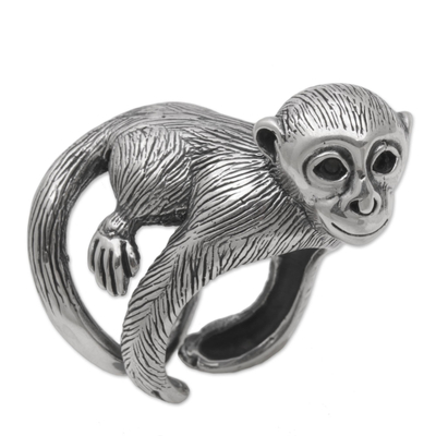 Sterling silver wrap ring, 'Amusing Monkey' - 925 Sterling Silver Monkey Wrap Ring from Indonesia