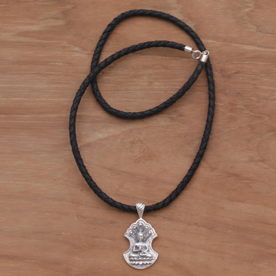 Sterling silver pendant necklace, 'Silent Buddha' - Sterling Silver and Leather Pendant Necklace of Buddha