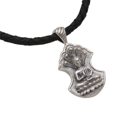 Sterling silver pendant necklace, 'Silent Buddha' - Sterling Silver and Leather Pendant Necklace of Buddha