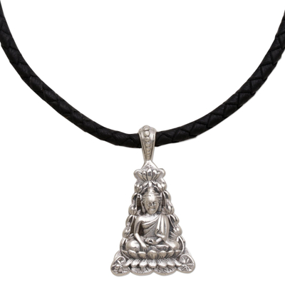 Sterling silver pendant necklace, 'Triangle Padma Buddha' - Sterling Silver and Braided Leather Buddha Pendant Necklace