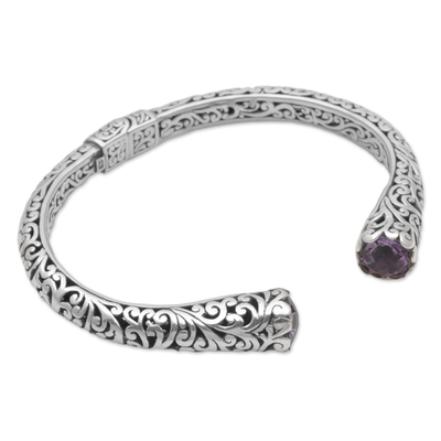 Amethyst cuff bracelet, 'Spiral Engagement' - Amethyst and 925 Sterling Silver Spiral Motif Cuff Bracelet