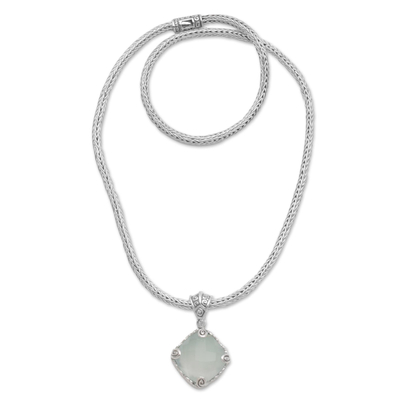 Chalcedony pendant necklace, 'Borobudur Shrine' - Square Chalcedony and Sterling Silver Necklace from Bali