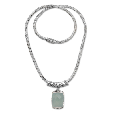 Chalcedony pendant necklace, 'Borobudur Altar' - Rectangle Chalcedony and Sterling Silver Necklace from Bali