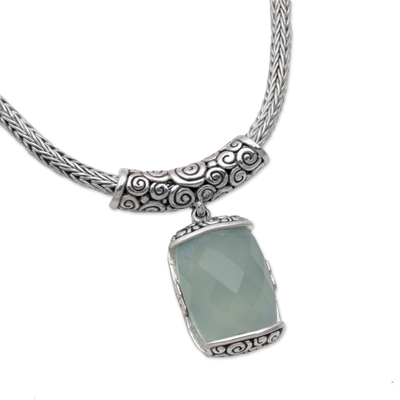 Chalcedony pendant necklace, 'Borobudur Altar' - Rectangle Chalcedony and Sterling Silver Necklace from Bali