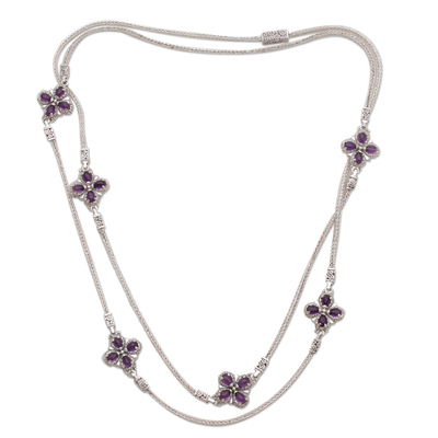 Amethyst long station necklace, 'Purple Primrose' - Amethyst and Sterling Silver Long Necklace from Bali