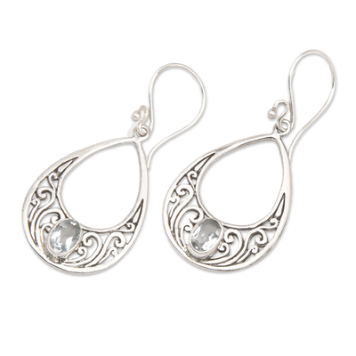 Blue topaz dangle earrings, 'Elegant Tears' - Blue Topaz and 925 Silver Spiral Dangle Earrings from Bali