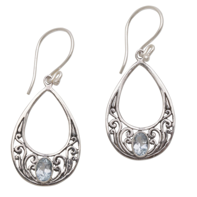Blue topaz dangle earrings, 'Elegant Tears' - Blue Topaz and 925 Silver Spiral Dangle Earrings from Bali