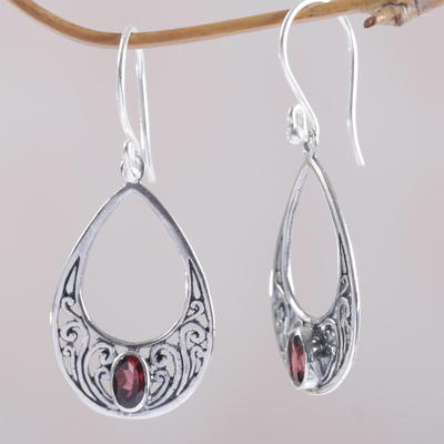 Garnet and 925 Silver Spiral Dangle Earrings from Bali - Elegant Tears ...