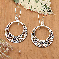 Amethyst dangle earrings, 'Crescent Spirals' - Amethyst and 925 Sterling Silver Dangle Earrings from Bali