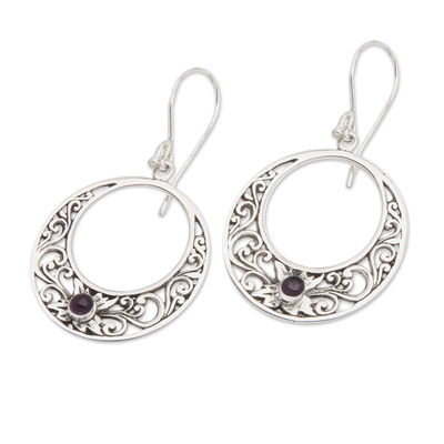 Amethyst dangle earrings, 'Crescent Spirals' - Amethyst and 925 Sterling Silver Dangle Earrings from Bali