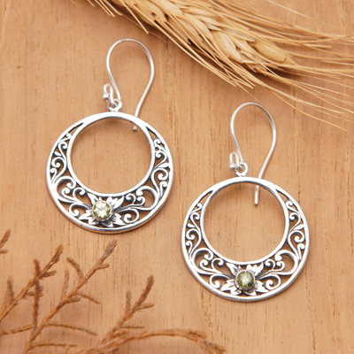 Peridot dangle earrings, 'Crescent Spirals' - Peridot and 925 Sterling Silver Dangle Earrings from Bali