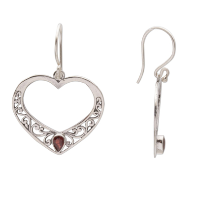 Garnet dangle earrings, 'Heart of Vines' - Garnet and Sterling Silver Heart Dangle Earrings from Bali