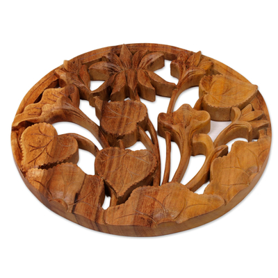 Wood relief panel, 'Lotus Ring' - Hand Carved Suar Wood Lotus Wall Relief Panel from Bali