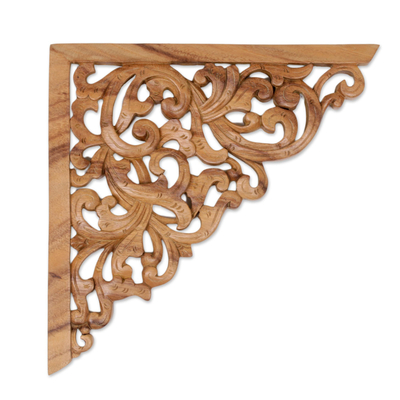 Wood relief panel, 'Forest Corner' - Hand Crafted Suar Wood Vine Motif Relief Panel from Bali