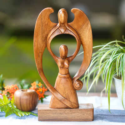 Wood sculpture, 'Woman and Angel' - Suar Wood Scultpure of a Woman and Angel from Bali