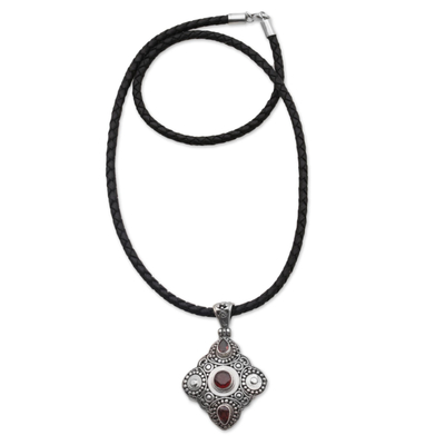 Garnet pendant necklace, 'Klungkung Majesty' - Garnet and 925 Sterling Silver Pendant Necklace from Bali
