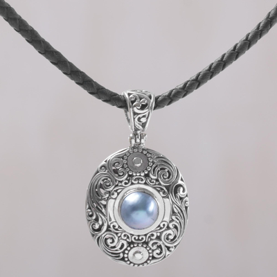 Cultured mabe pearl pendant necklace, 'Dark Sanur Shield' - Cultured Mabe Pearl and Sterling Silver Necklace from Bali