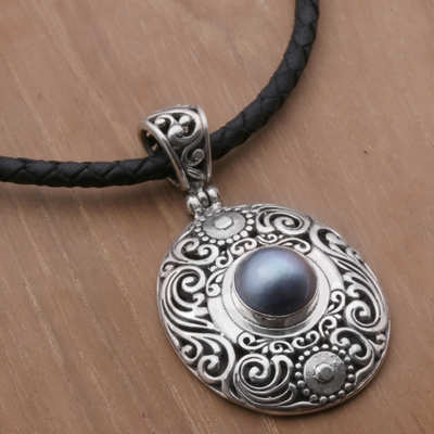 Cultured mabe pearl pendant necklace, 'Dark Sanur Shield' - Cultured Mabe Pearl and Sterling Silver Necklace from Bali
