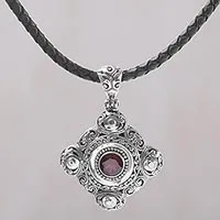 Garnet pendant necklace, 'Candi Flower' - Garnet and 925 Sterling Silver Pendant Necklace from Bali