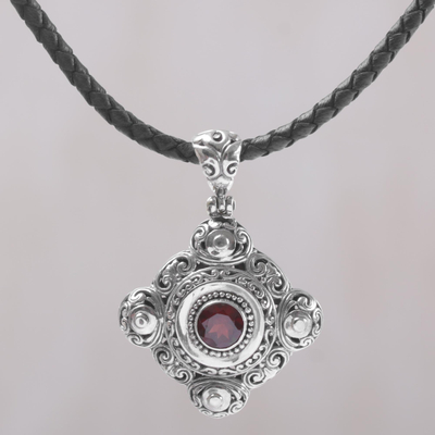 Garnet pendant necklace, 'Candi Flower' - Garnet and 925 Sterling Silver Pendant Necklace from Bali
