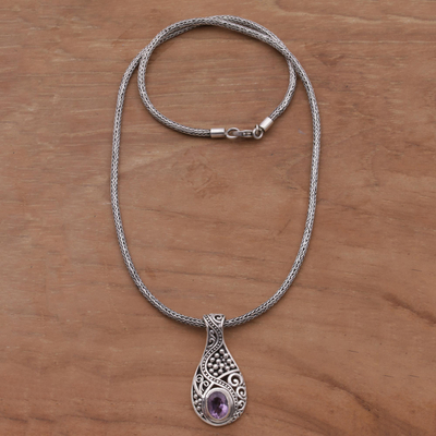 Amethyst pendant necklace, 'Patterns of the World' - Amethyst and 925 Sterling Silver Pendant Necklace from Bali